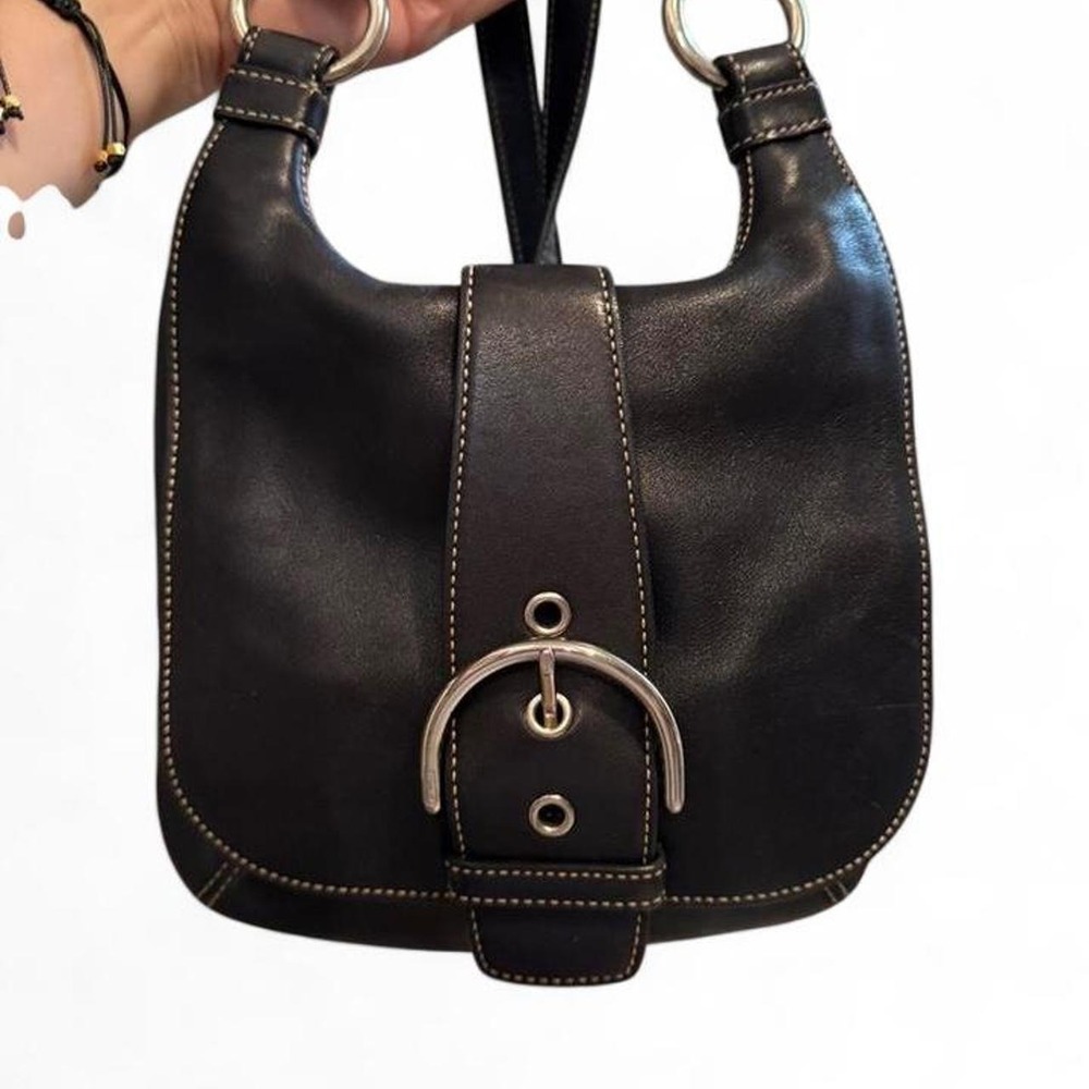 Vintage Coach Black Leather Soho Shoulder Bag Front Buckle Silver Hardware
